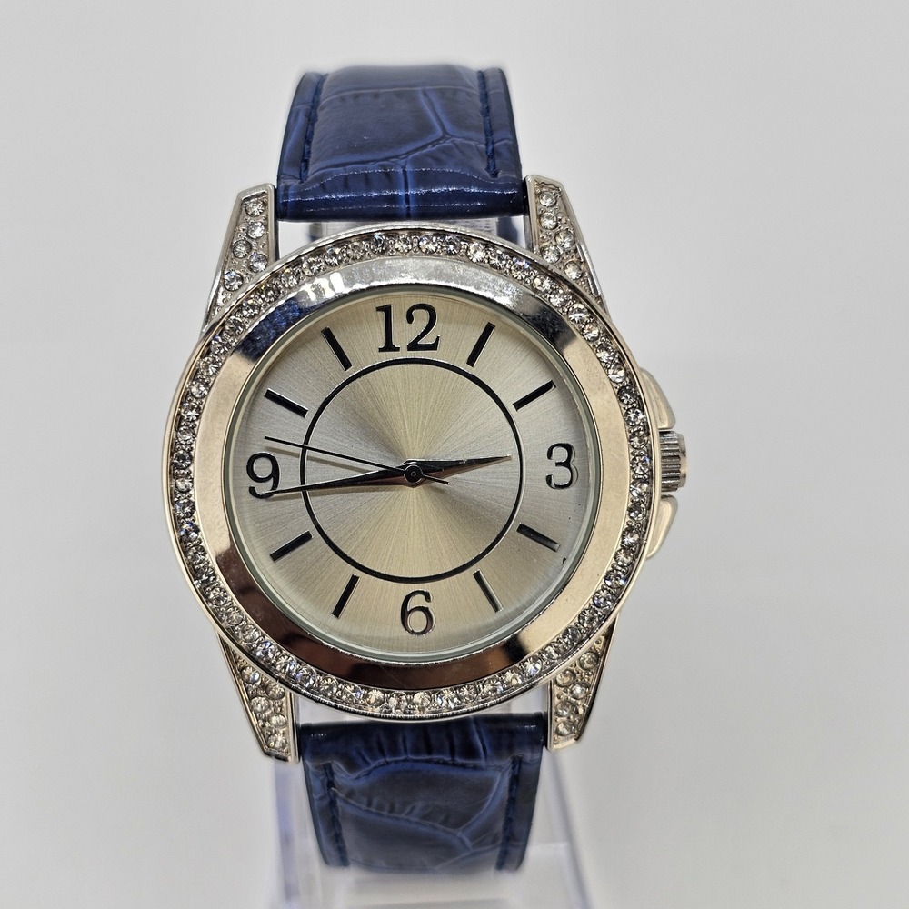 Women's Analog Watch 40MM Gray Dial Blue Faux Leather Bands NEW Battery